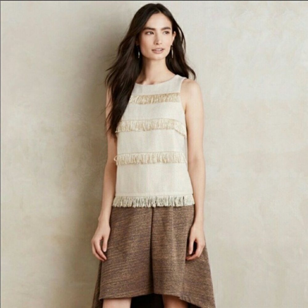 Anthropologie Cream Fringe Sleeveless Blouse